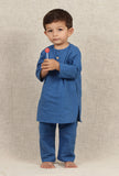 Set Of 3: Aric Blue Cotton Kurta, Pyjama & Beige Cream Kalamkari Nehru Jacket