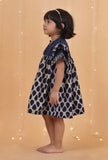 Indigo Multi Printed Gathered Cotton Dress With Zari Handwork