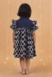 Indigo Multi Printed Gathered Cotton Dress With Zari Handwork