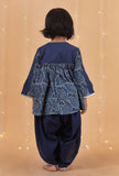 Set Of 2: Indigo Solid & Jaal Printed Cotton Top & Dhoti with lace