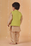 Set Of 3: Golden Chanderi Kurta, Pajama & Green Buti Nehru Jacket