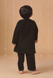 Set Of 3- Black Chanderi Kurta, Pajama & Black Buti Nehru Jacket