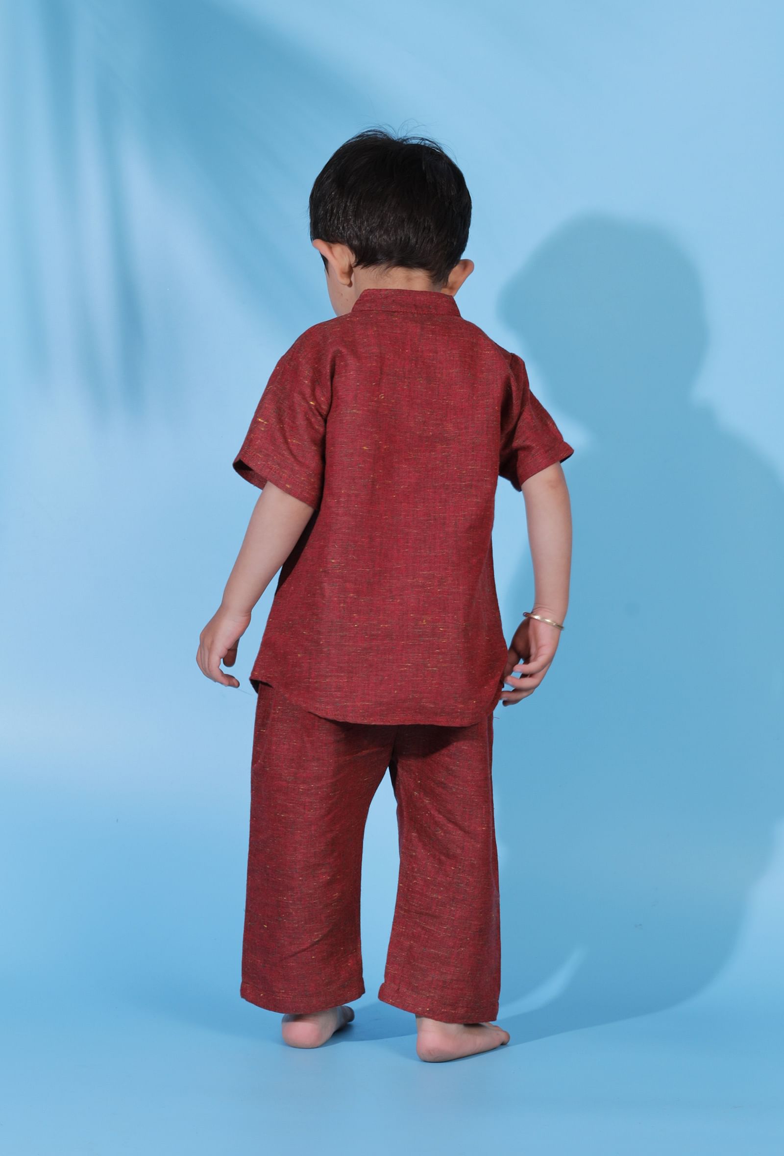Set of 2- Carmine Red khadi cotton front open shirt paired with carmine red khadi cotton pant