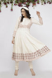 Set of 2 : Off White Cotton Hand-Block Printed Anarkali Paired with White Cotton Chooridar