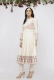 Set of 2 : Off White Cotton Hand-Block Printed Anarkali Paired with White Cotton Chooridar