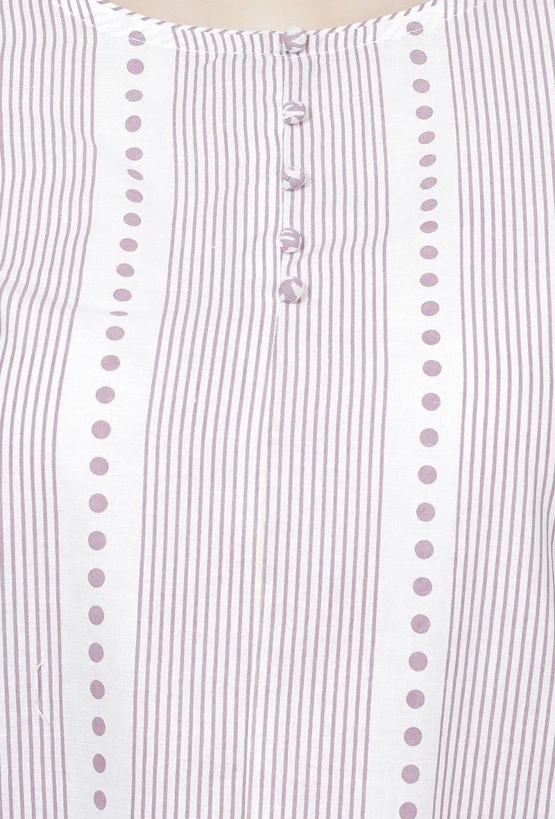 Lilac Floral Stripes Hand-Block Printed A line Cotton Kurta