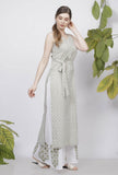 Sage Green Floral Hand-Block Printed Cotton Tie Up Slip Kurta