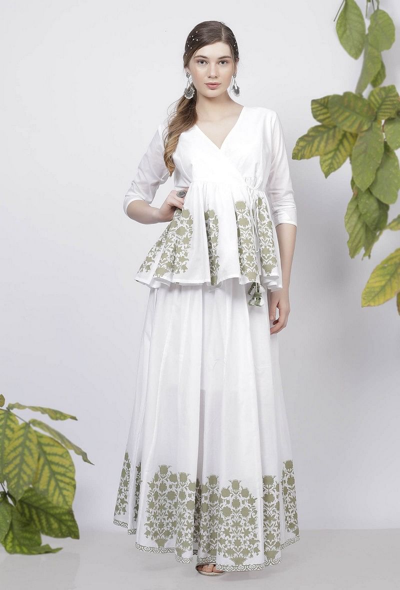 Set of 2: Sage Green Floral Hand-Block Printed V Neck Cotton Angrakha Top  with Floral Handblock Printed Cotton Long Skirt