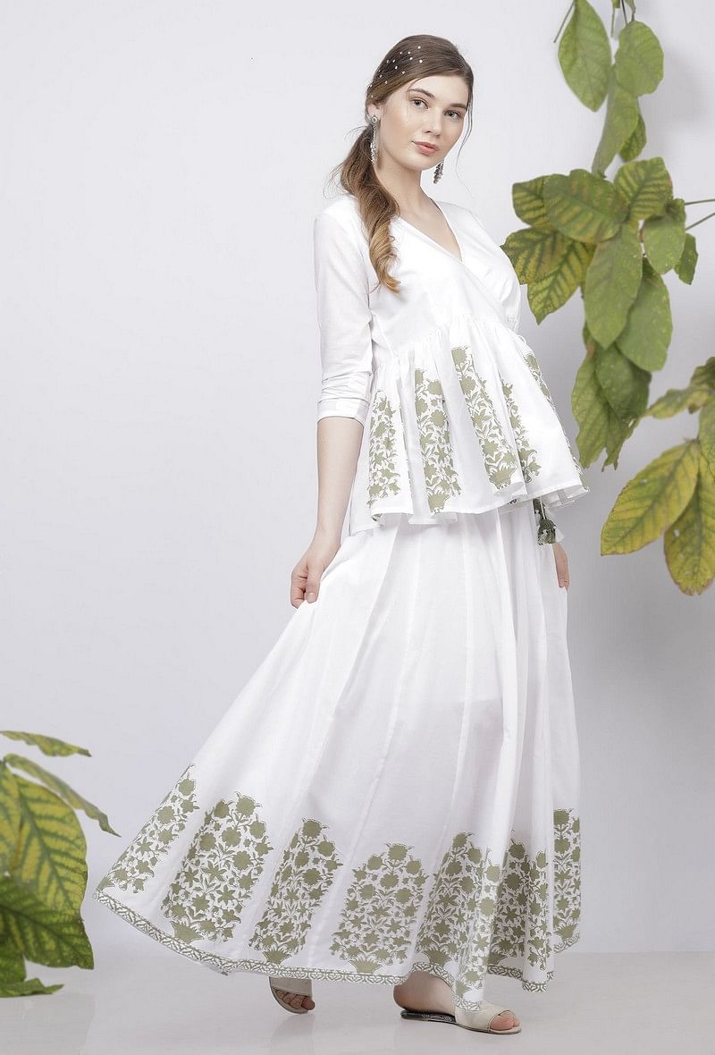Set of 2: Sage Green Floral Hand-Block Printed V Neck Cotton Angrakha Top  with Floral Handblock Printed Cotton Long Skirt
