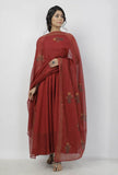 Set of 2: Gerua Plain Maroon Cotton Halter Neck Flared Dress with Kota Border and Floral Block Printed Kota Dupatta