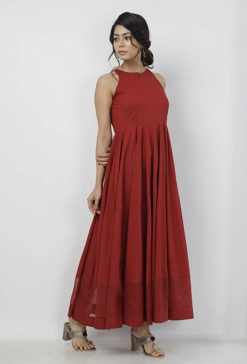 Buy Maroon Neoprene Plain Inverted Fleur Panelled High Slit Gown For Women  by Ozeqo Online at Aza Fashions.