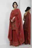 Set of 3: Gerua Maroon Floral Hand-Block Printed Sleeveless Cotton Short Kurta with Printed Cotton Palazzo and Floral Hand-Block Printed Kota Dupatta