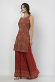 Set of 2: Gerua Maroon Floral Hand-Block Printed Sleeveless Cotton Short Kurta with Printed Cotton Palazzo