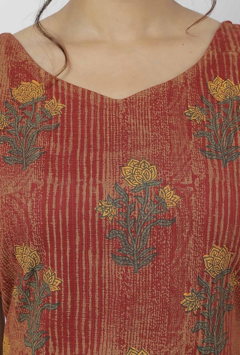 Set of 2: Gerua Maroon Floral Hand-Block Printed Sleeveless Cotton Short Kurta with Printed Cotton Palazzo