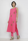 Set of 2: Raisa Pink Floral Hand-Block Printed Kota Straight Fit Sleeveless Kurta and Plain Cotton Pants with kota border