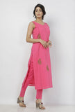 Set of 2: Raisa Pink Floral Hand-Block Printed Kota Straight Fit Sleeveless Kurta and Plain Cotton Pants with kota border