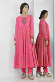 Set of 2: Raisa Pink Floral Hand-Block Printed Kota Anarkali with Plain Cotton Chooridar