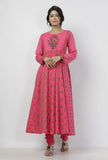 Set of 2: Raisa Pink Floral Hand-Block Printed Kota Anarkali with Plain Cotton Chooridar