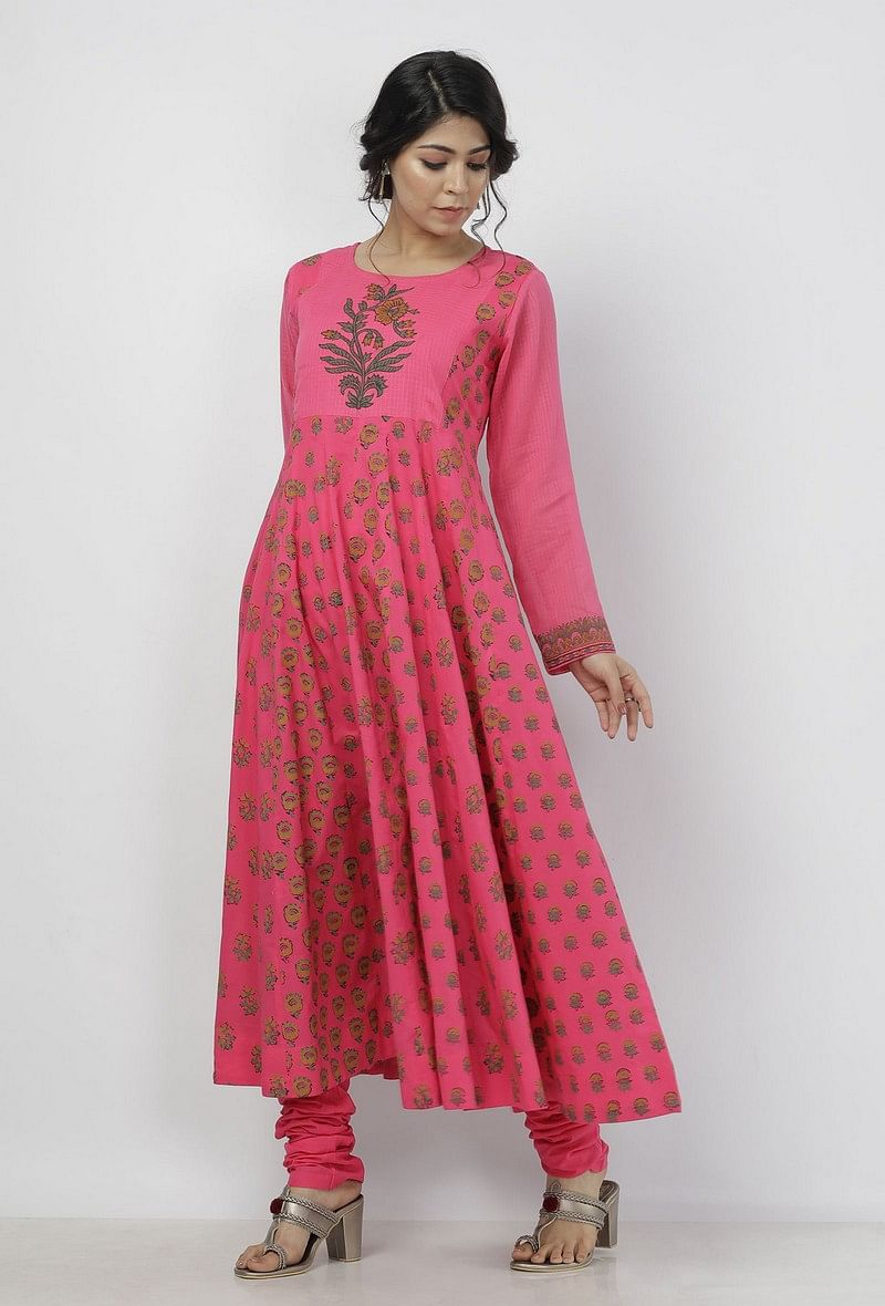 Set of 2: Raisa Pink Floral Hand-Block Printed Kota Anarkali with Plain Cotton Chooridar