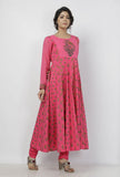 Set of 2: Raisa Pink Floral Hand-Block Printed Kota Anarkali with Plain Cotton Chooridar