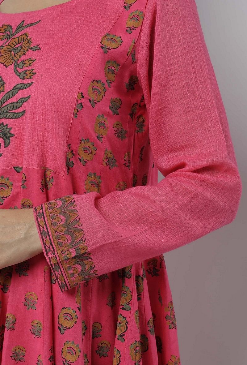 Set of 2: Raisa Pink Floral Hand-Block Printed Kota Anarkali with Plain Cotton Chooridar