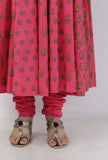 Set of 2: Raisa Pink Floral Hand-Block Printed Kota Anarkali with Plain Cotton Chooridar