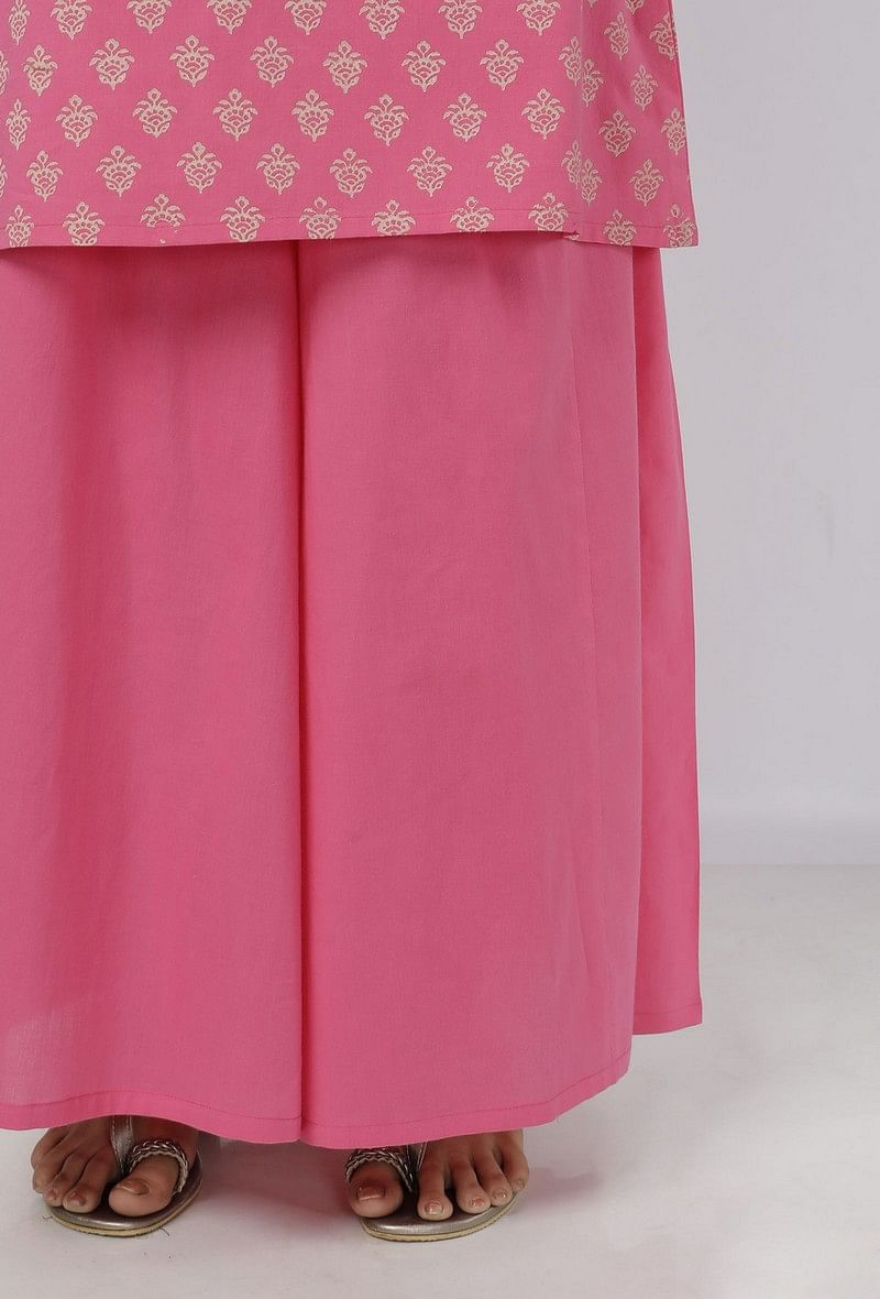 Set of 2: Gul Pink Buti Hand-Block Printed Cotton Slip with Plain Flared Palazzo