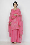 Set of 3: Gul Pink Buti Hand-Block Printed Cotton Slip with Plain Flared Palazzo and Floral Hand-Block Printed Kota Dupatta