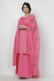 Set of 3: Gul Pink Buti Hand-Block Printed Cotton Slip with Plain Flared Palazzo and Floral Hand-Block Printed Kota Dupatta