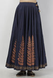 Indigo Blue Leaves Hand-Block Printed Tasseled Cotton Gathered Kali Skirt