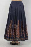 Indigo Blue Leaves Hand-Block Printed Tasseled Cotton Gathered Kali Skirt