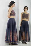 Set of 2: Indigo Blue Leaves Hand-Block Printed Cotton Slip Blouse with Floral Hand-Block Printed Tasseled Cotton Skirt