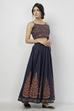 Set of 2: Indigo Blue Leaves Hand-Block Printed Cotton Slip Blouse with Floral Hand-Block Printed Tasseled Cotton Skirt