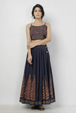 Set of 2: Indigo Blue Leaves Hand-Block Printed Cotton Slip Blouse with Floral Hand-Block Printed Tasseled Cotton Skirt