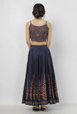 Set of 2: Indigo Blue Leaves Hand-Block Printed Cotton Slip Blouse with Floral Hand-Block Printed Tasseled Cotton Skirt