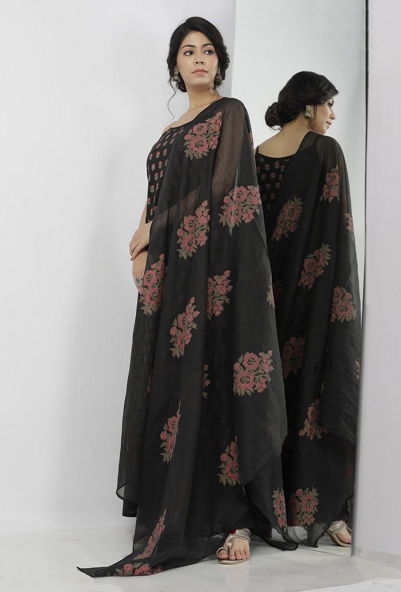 Set of 3: Kaani Black Floral Hand-Block Printed Cotton Slip with Plain Palazzo and Floral Hand-Block Printed Kota Dupatta