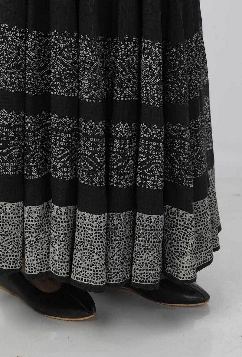 Set of 3: Kaani Black and White Hand-Block Printed Tasseled Kota Kali Skirt and Plain Black Full Sleeves Kota Blouse with Black and White Hand Block Printed Kota Dupatta