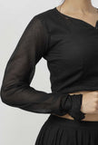 Set of 2: Kaani Black and White Tri- Pattern Hand-Block Printed Tasseled Kota Skirt and Plain Black Full Sleeves Blouse