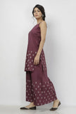 Set of 2: Iya Purple Buti Hand-Block Printed Cotton Slip with Buti Hand-Block Printed Cotton Palazzo