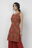 Gerua Maroon Floral Hand-Block Printed sleeveless Cotton Short Kurta