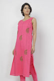 Raisa Pink Floral Motif Hand-Block Printed Kota Straight Fit Sleeveless Kota Kurta