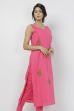 Raisa Pink Floral Motif Hand-Block Printed Kota Straight Fit Sleeveless Kota Kurta