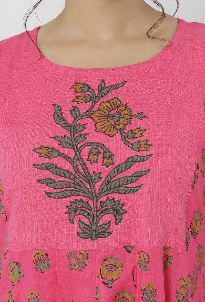 Raisa Pink Floral Hand-Block Printed Cotton-Kota Anarkali