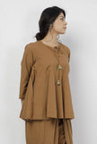 Kanak Beige Plain Round Neck Gathered Tie Up Top