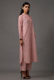 Peach  Red and White Stripes Pure Woven Cotton Kurta With Complimentary Matching Mask