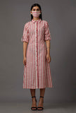 Red and White Stripes Pure Woven Cotton Dress With Complimentary Matching Mask