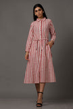 Red and White Stripes Pure Woven Cotton Dress With Complimentary Matching Mask