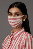 Red and White Stripes Pure Woven Cotton Dress With Complimentary Matching Mask