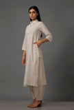 Set of 2: White Pure Woven Cotton Kurta and Pants with Complimentary Matching Mask