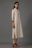 Set of 2: White Pure Woven Cotton Kurta and Pants with Complimentary Matching Mask